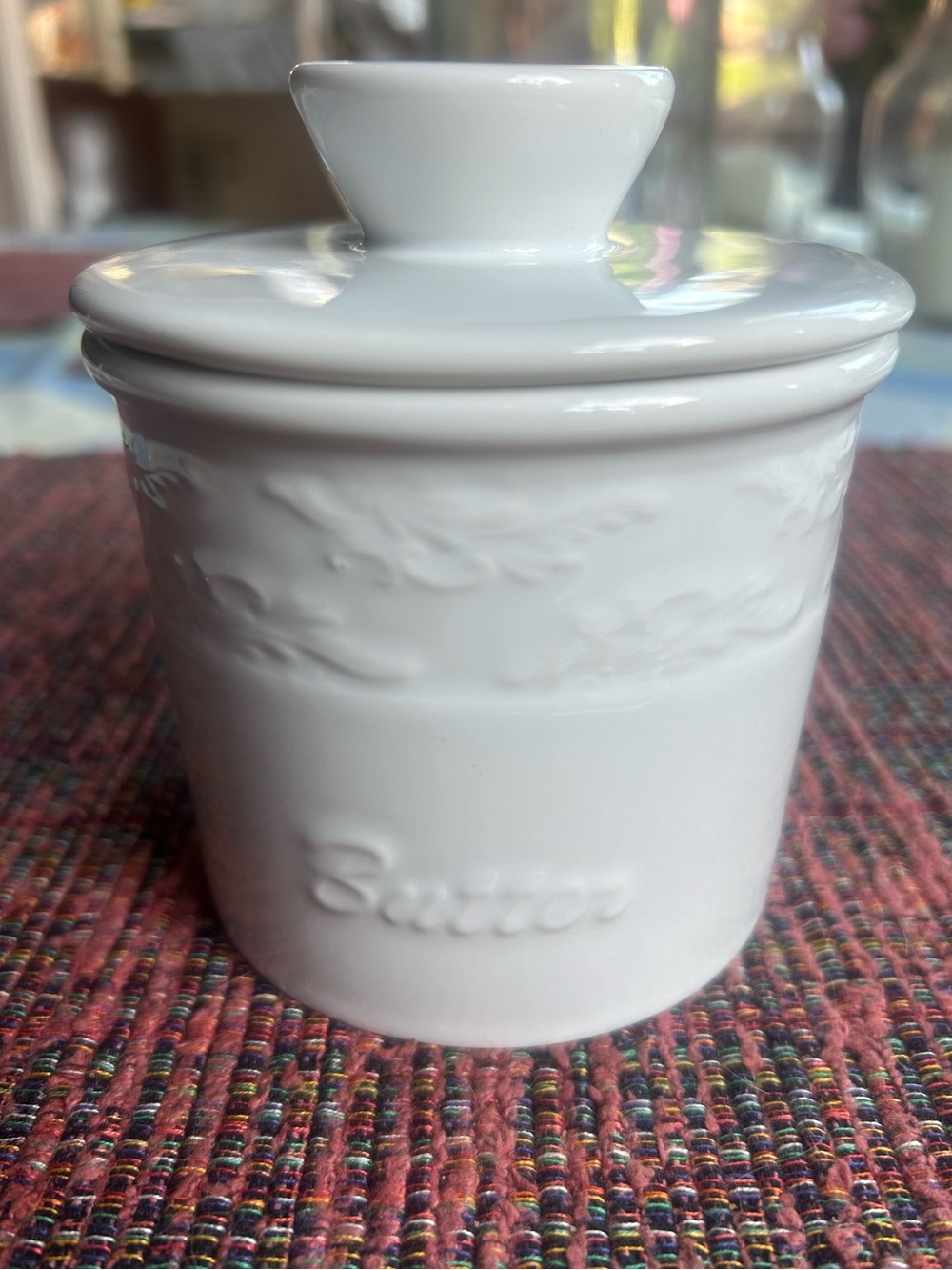 Butter Bell Crock French Ceramic Butter Keeper White Raised Floral Dish